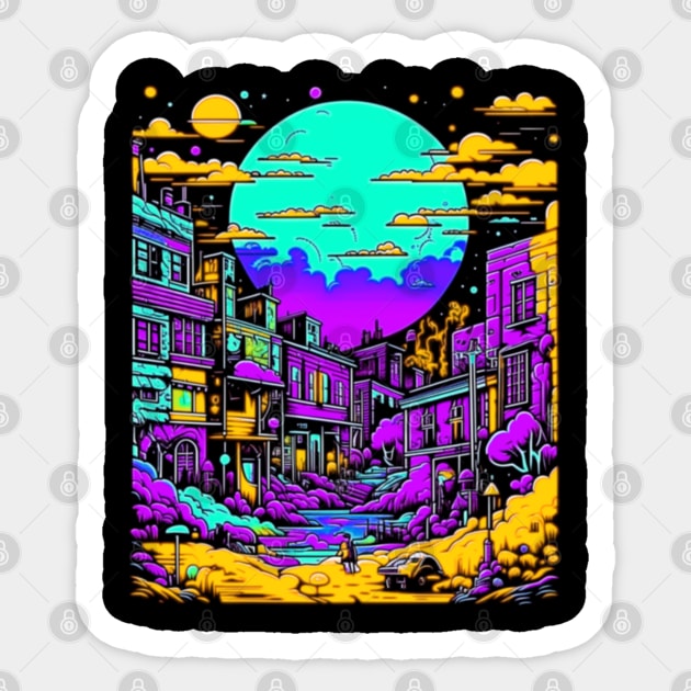 Psychedelic Abandoned Cityscape at night Sticker by vystudio